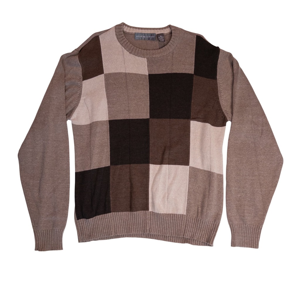 Oscar de la‎ Renta Sweater Mens XL Brown Colorblock Patchwork Excellent Knitwear